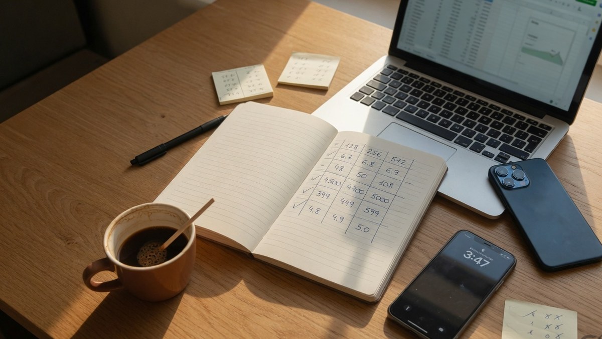 Open notebook with a handwritten number grid next to a laptop and two phones on a wooden desk