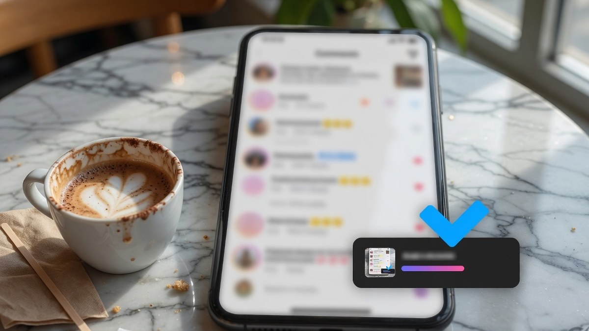 Phone on a cafe table showing a blurred comments thread and a DM that delivered a checkout link