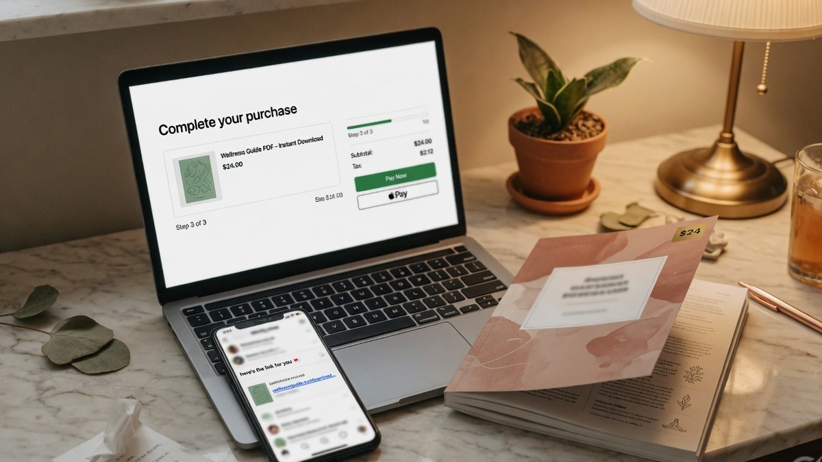 Laptop on a marble desk showing a digital product checkout next to a printed ebook mockup