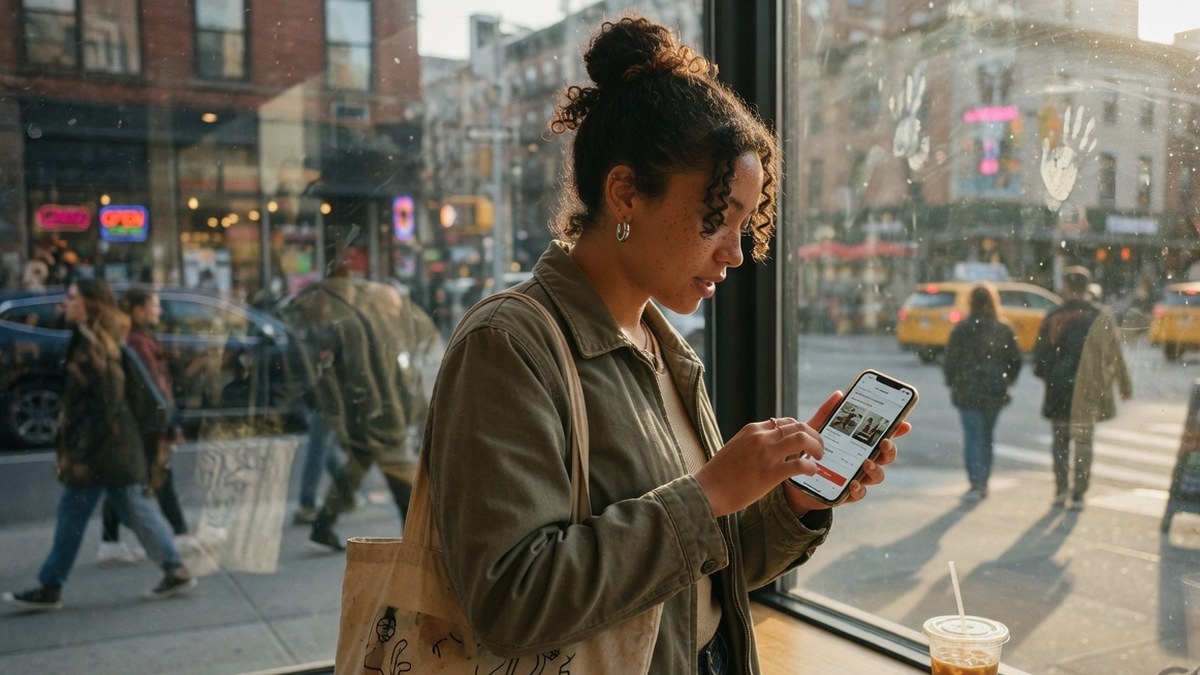 A creator by a cafe window updating a mobile storefront on their phone