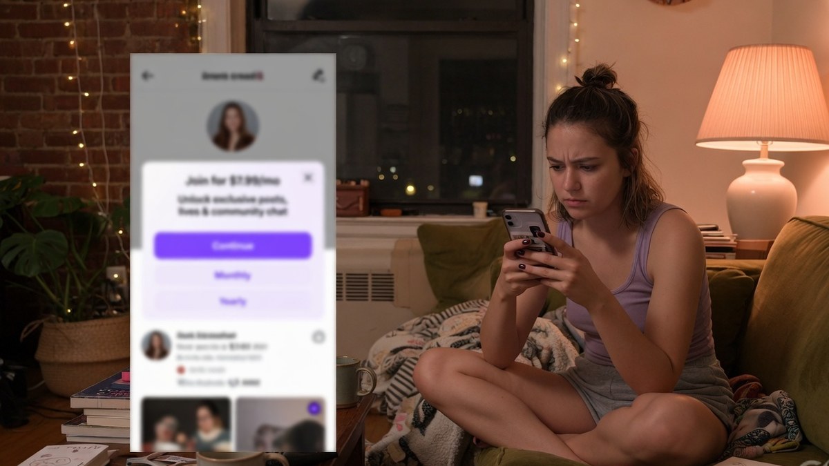 A young woman on a sofa at night looking at a membership paywall on her phone