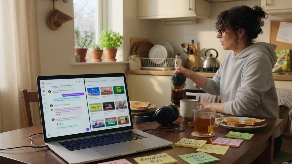 A laptop on a kitchen table showing a blurred community and course library while someone makes coffee